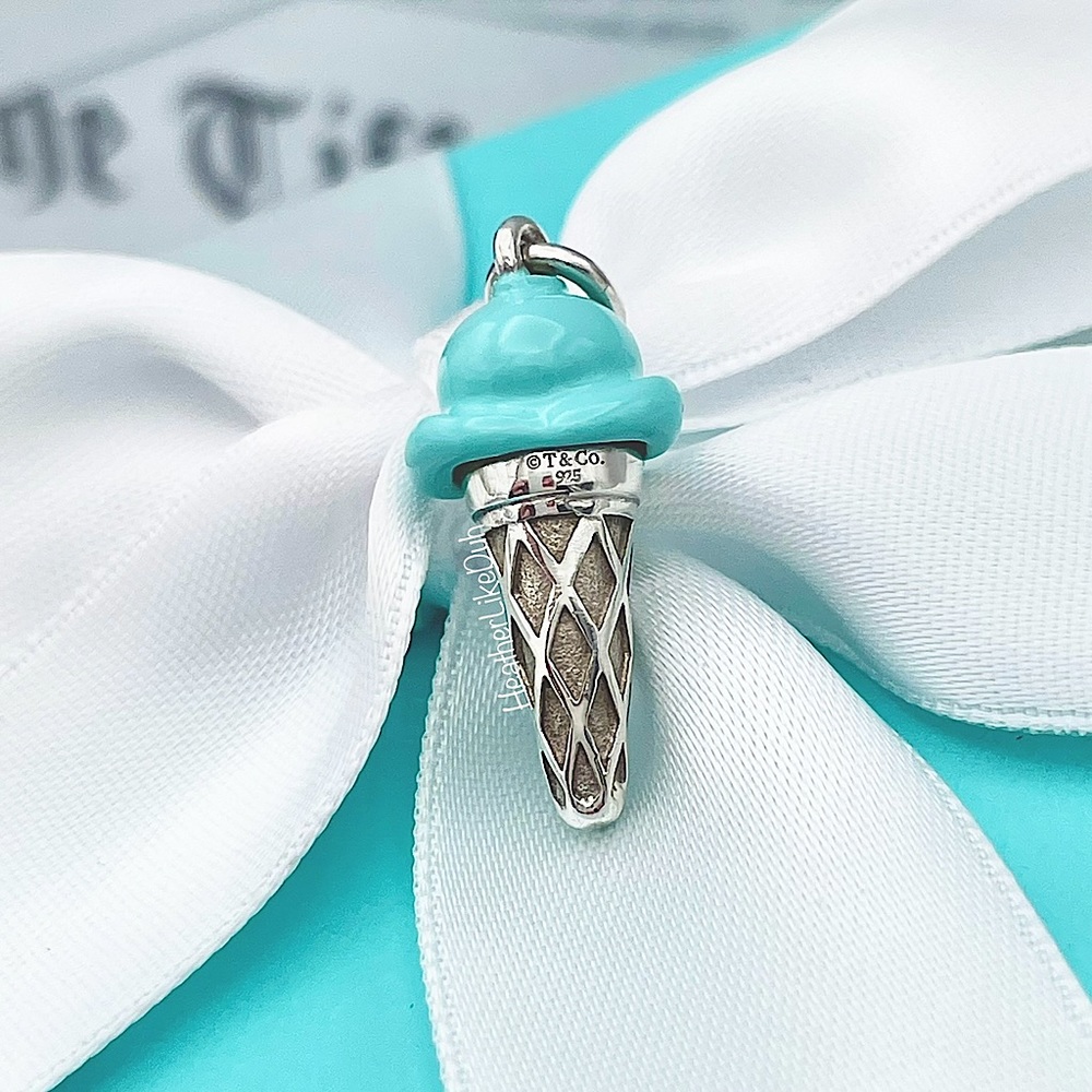Authentic Tiffany & Co. BLUE Enamel Ice Cream Cone Sterling Silver Charm Pendant